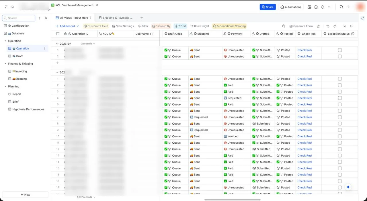 Tampilan KOL Dashboard Management di Lark Base